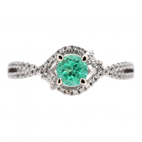 Colombian Emerald Round 0.33 Carat Ring With Diamond Accent in 14K White Gold
