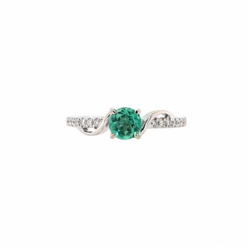 Colombian Emerald Round 0.48 Carat Ring with Accent Diamonds in 14K White Gold