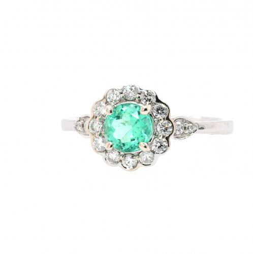 Colombian Emerald Round 0.55 Carat With Accent Diamonds Halo Engagement Ring In 14K White Gold