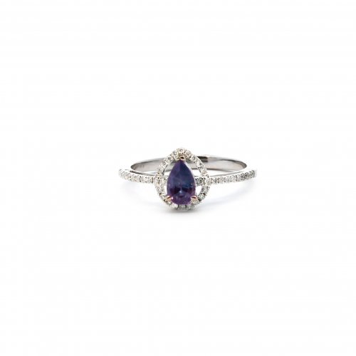 Color Changing Natural Alexandrite Pear Shape 0.51 Ring In 14k White Gold With Accented Diamonds