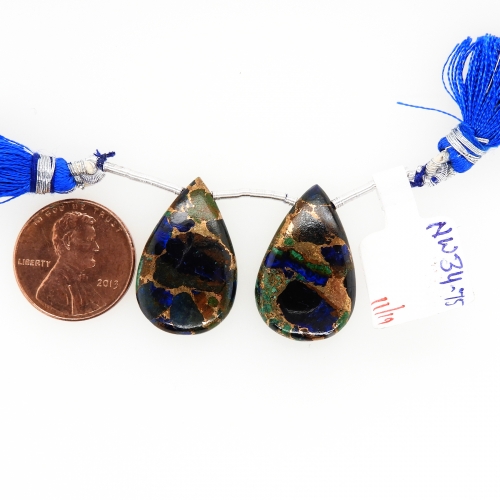 Copper Azurite Malachite Almond Drops 25x15 Shape 35x12mm Drilled Beads Matching Pair
