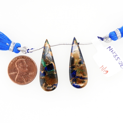 Copper Azurite Malachite Drops Almond Shape 35x11mm Drilled Beads Matching Pair
