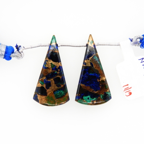 Copper Azurite Malachite Drops Conical Shape 32x16mm Drilled Beads Matching Pair