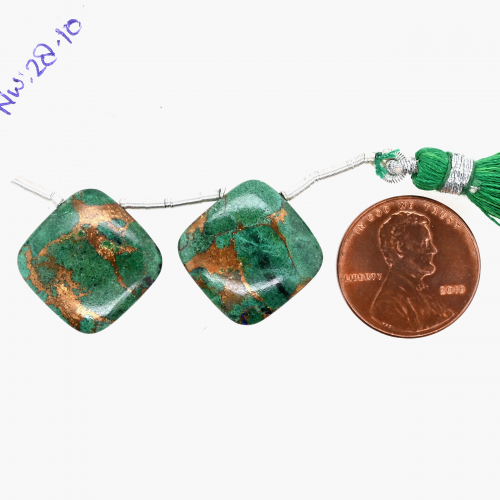 Copper Azurite Malachite Drops Cushion Shape 19x19mm Drilled Bead Matching Pair
