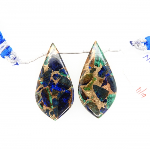 Copper Azurite Malachite Drops Leaf Shape 35x17mm Drilled Beads Matching Pair