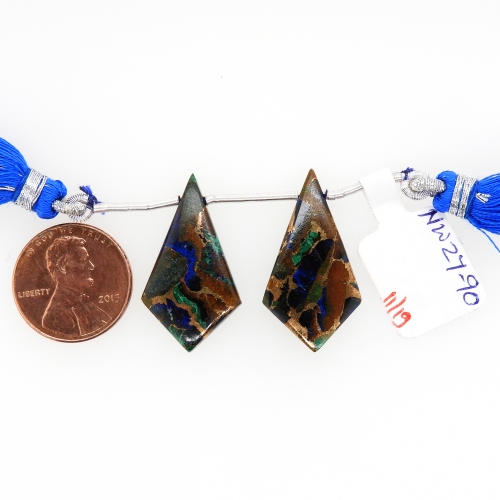 Copper Azurite Malachite Drops Shield Shape 30x15mm Drilled Beads Matching Pair