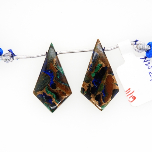Copper Azurite Malachite Drops Shield Shape 30x15mm Drilled Beads Matching Pair