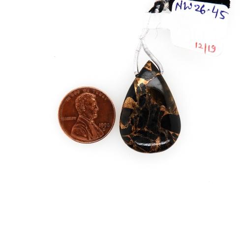Copper Black Obsidian Almond Shape 30x20mm Drilled Bead Single Piece