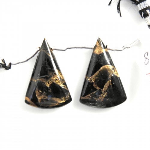 Copper Black Obsidian Drops Conical Shape 24x15mm Drilled Beads Matching Pair