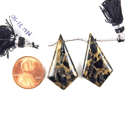 Copper Black Obsidian Drops Shield Shape 31x18mm Drilled Beads Matching Pair