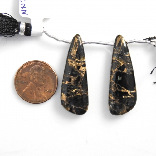 Copper Black Obsidian Drops Wing Shape 35x12mm Drilled Beads Matching Pair