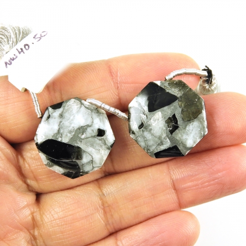 Copper Grey Obsidian Drops Hexagon Shape 21x21mm Drilled Beads Matching Pair