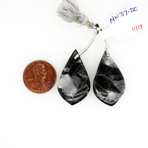 Copper Grey Obsidian Drops Leaf Shape 30x18mm Front To Back Drilled Bead Matching Pair