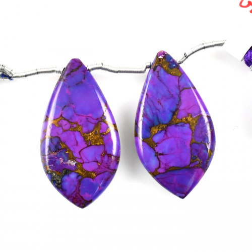 Copper Purple Turquoise Drops Leaf Shape 32x17mm Drilled Beads Matching Pair