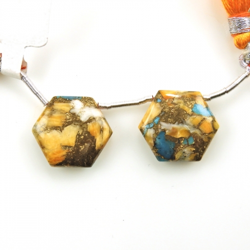 Copper Spiny Oyster With Turquoise Drops Hexagon Shape 16x16mm Drilled Beads Matching Pair