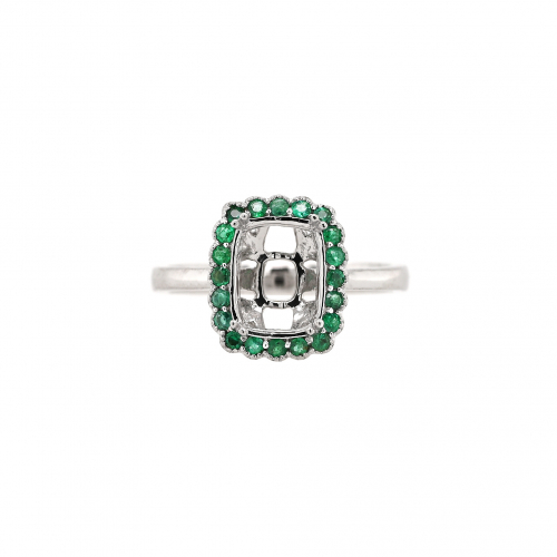 Cushion 9x7mm Ring Semi Mount in 14K White Gold With Emerald Accents (RG0969)