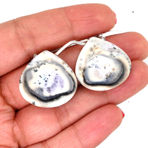 Dendrite Opal Drops Heart Shape 25x25mm Drilled Bead Matching Pair