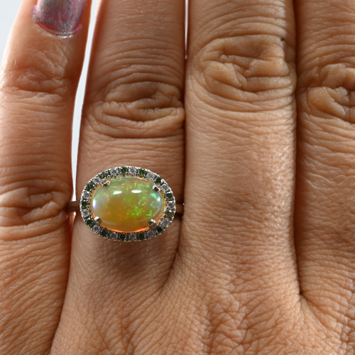 East-west Ethiopian Cab Opal Oval 2.03 Carat Ring In 14k White Gold Accented With White And Green Diamonds