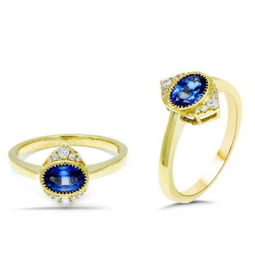 East West Nigerian Sapphire Oval 1.04 Carat Ring In 14k Yellow Gold With Diamond Accents