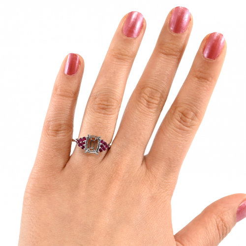 Emerald Cushion 9x6.5mm Ring Semi Mount In 14K White Gold With Burmese Ruby Accents