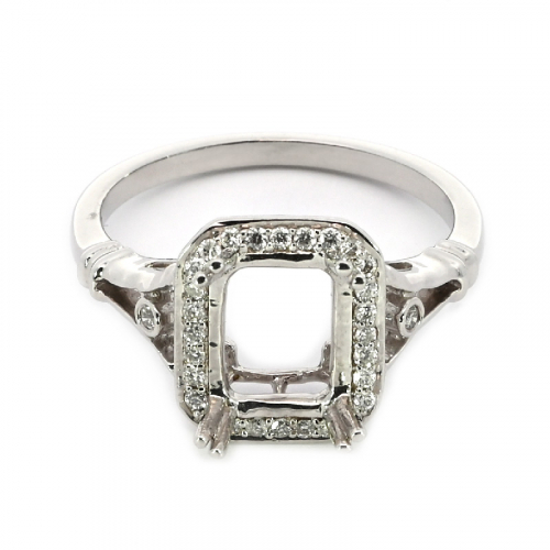 Emerald Cut 8x6mm Ring Semi Mount In 14k White Gold With Diamond Accents