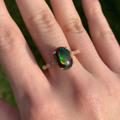Ethiopian Black Opal Cab Oval 2.10 Carat Ring in 14K Rose Gold with Accent Diamonds