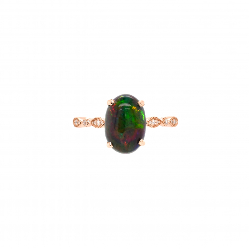 Ethiopian Black Opal Cab Oval 2.10 Carat Ring in 14K Rose Gold with Accent Diamonds