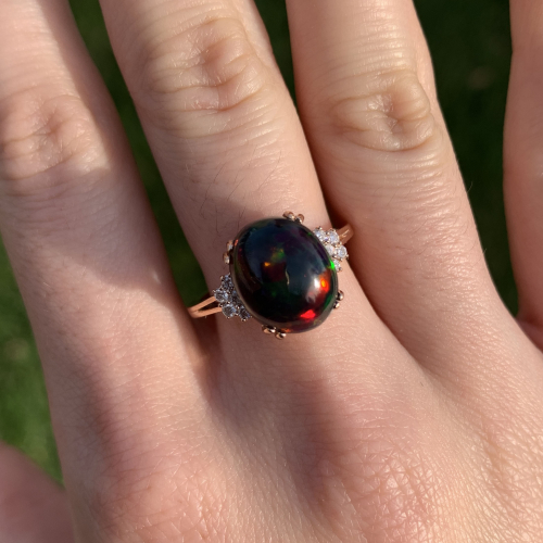 Ethiopian Black Opal Cab Oval 2.90 Carat Ring In 14k Rose Gold With Accent Diamonds