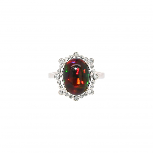 Ethiopian Black Opal Cab Oval 2.93 Carat Ring In 14k White Gold With Accent Diamonds