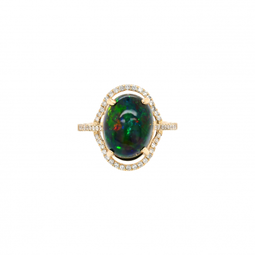 Ethiopian Black Opal Cab Oval 3.67 Carat Ring in 14K Yellow Gold with Accent Diamonds