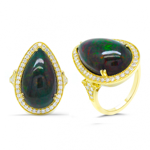 Ethiopian Black Opal Cab Pear Shape 7.47 Carat Ring In 14k Yellow Gold Accented With Diamonds