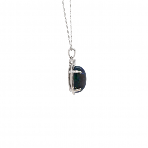 Ethiopian Black Opal Oval 4.01 Carat Pendant With Accent Diamond In 14k White Gold ( Chain Not Included )