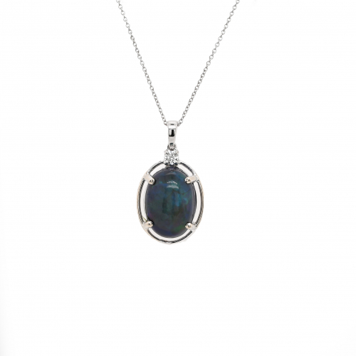 Ethiopian Black Opal Oval 4.01 Carat Pendant With Accent Diamond In 14k White Gold ( Chain Not Included )