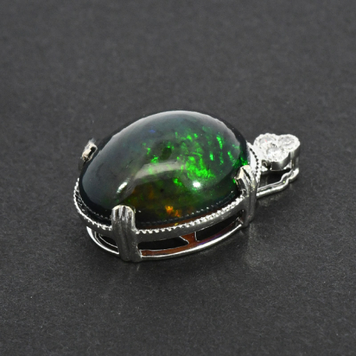 Ethiopian Black Opal Oval Shape 5.80 Carat Pendant In 14k White Gold  With Accent Diamonds