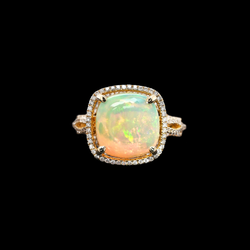Ethiopian Opal Cab Cushion 3.20 Carat Ring With Accent Diamonds In 14k Yellow Gold