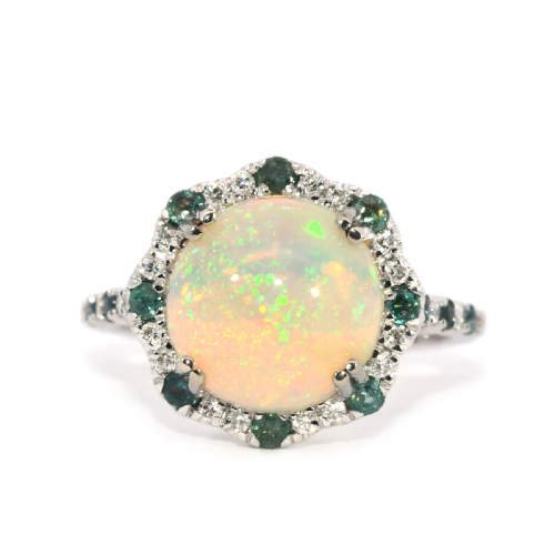 Ethiopian Opal Cab Round 2.91 Carat Ring In 14k White Gold Accented With Diamonds And Alexandrite