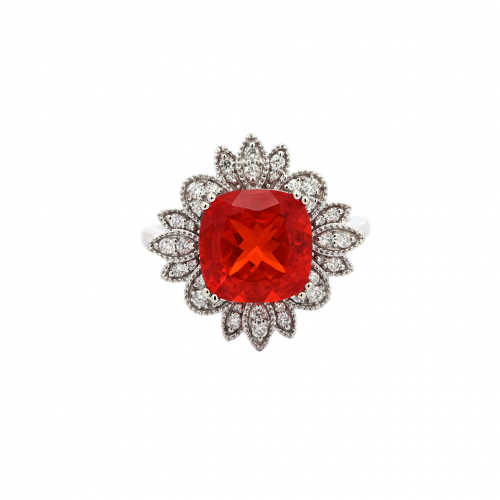 Fire Opal Cushion Shape 2.30 Carat Ring In 14K White Gold with Accent Diamond (RG5007)