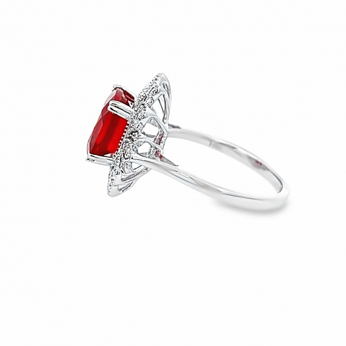 Fire Opal Cushion Shape 2.30 Carat Ring In 14K White Gold with Accent Diamond (RG5007)