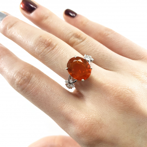 Fire Opal Oval 2.87 Carat Ring With Accent Diamonds In 14k White Gold