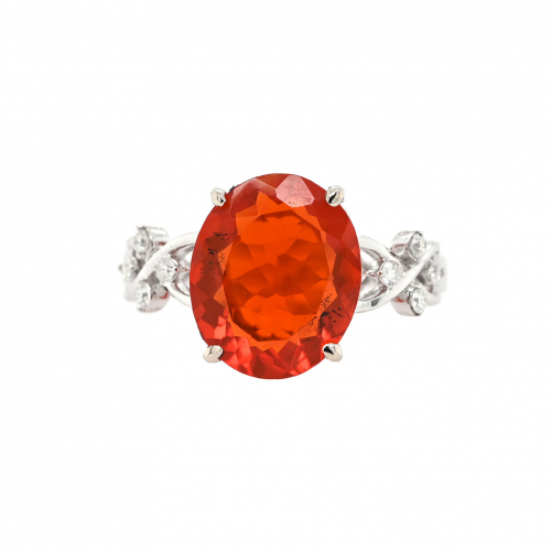 Fire Opal Oval 2.87 Carat Ring With Accent Diamonds In 14k White Gold