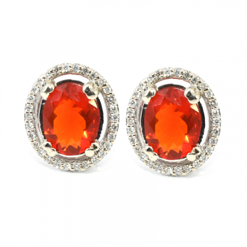 Fire Opal Oval 3.66 Carat Stud Earrings In 14k White Gold Accented With Diamonds