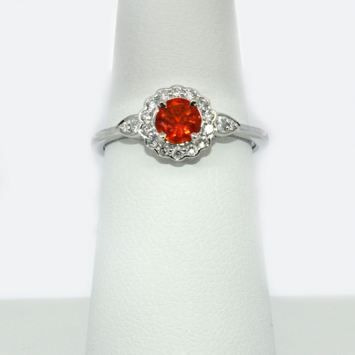 Fire Opal Round 0.28 Carat Ring In 14k White Gold With Accented Diamonds