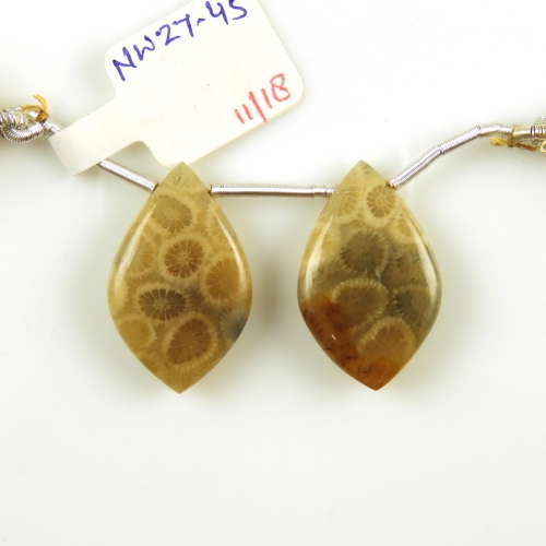 Fossil Coral Drops Leaf Shape 25x15mm Drilled Beads Matching Pair