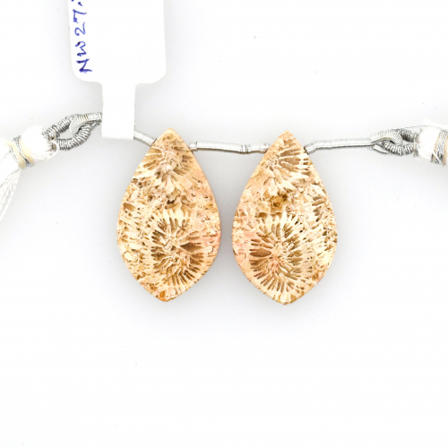 Fossil Coral Drops Leaf Shape 27x16mm Drilled Bead Matching Pair