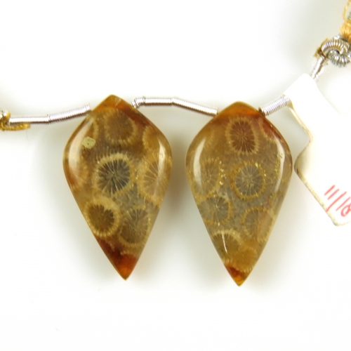 Fossil Coral Drops Leaf Shape 28x15mm Drilled Beads Matching Pair