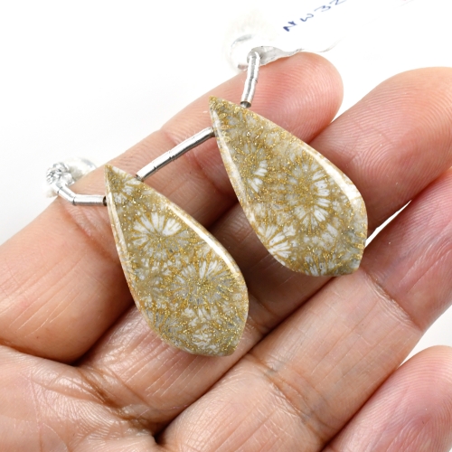Fossil Coral Drops Leaf Shape 31x14mm Drilled Beads Matching Pair