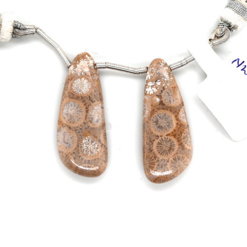 Fossil Coral Drops Wing Shape 30x12mm Drilled Bead Matching Pair