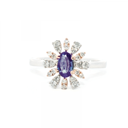 Gia Certified  Natural Blue-green Changing To Purple Alexandrite Oval 0.50 Carat Ring In 14k Dual Tone(white/rose) Gold With Accented Diamonds
