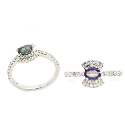 GIA Certified Blue-Green Changing To Purple Natural Alexandrite Oval 0.41 Carat Ring In 14K White Gold Accented With Diamonds