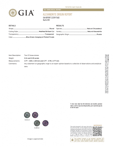 Gia Certified Natural Alexandrite Round 3.77mm Matching Pair 0.52 Carat